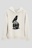 Karga Baskılı Beyaz Unisex Hoodie