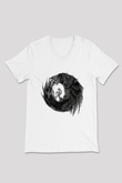 Karga Baskılı Beyaz Unisex V Yaka Tişört - Tshirt