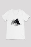Karga Baskılı Beyaz Unisex V Yaka Tişört - Tshirt