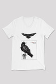 Karga Baskılı Beyaz Unisex V Yaka Tişört - Tshirt