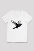 Karga Baskılı Beyaz Unisex V Yaka Tişört - Tshirt