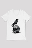 Karga Baskılı Beyaz Unisex V Yaka Tişört - Tshirt