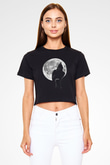 Karga Baskılı Siyah Crop Top Kadın Tişört - Tshirt