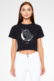 Karga Baskılı Siyah Crop Top Kadın Tişört - Tshirt