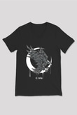 Karga Baskılı Unisex Siyah V Yaka Tişört - Tshirt
