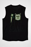 Katil Kedi Baskılı Unisex Siyah  Kolsuz Tişört