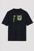 Katil Kedi Baskılı Unisex Siyah Tişört