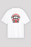 Kayak Baskılı Unisex Beyaz Oversize Tişört - Tshirt