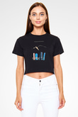 Kayak - Ski Baskılı Crop Top Siyah Kadın Tişört - Tshirt