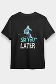 Kayak - Ski Baskılı Unisex Siyah Tişört - Tshirt