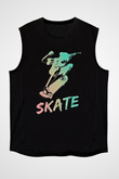 Kaykay - Skateboard Baskılı Unisex Siyah Kolsuz Tişört