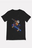 Kaykay - Skateboard Baskılı Unisex Siyah V Yaka Tişört