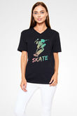 Kaykay - Skateboard Baskılı Unisex Siyah V Yaka Tişört