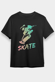 Kaykay - Skateboard Baskılı Unisex Siyah Tişört - Tshirt