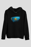 Kazakistan - Kazakhstan Bayrağı Baskılı Unisex Siyah Kapüşonlu Sweatshirt