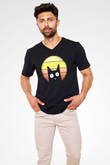 Kedi Baskılı Unisex Siyah  V Yaka Tişört