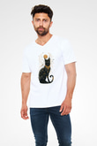 Kedi Beyaz Unisex V Yaka Tişört