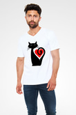 Kedi Beyaz Unisex V Yaka Tişört T-Shirt