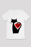Kedi Beyaz Unisex V Yaka Tişört T-Shirt