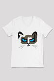 Kedi Beyaz Unisex V Yaka Tişört T-Shirt
