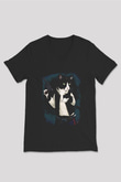 Kedi Siyah Unisex V Yaka Tişört T-Shirt