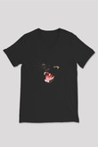 Kedi Siyah Unisex V Yaka Tişört T-Shirt