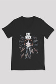 Kedi Wick Baskılı Unisex Siyah  V Yaka Tişört