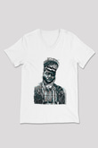 Khalid Baskılı Beyaz Unisex V Yaka Tişört - Tshirt