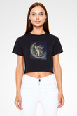 Koala Baskılı Siyah Crop Top Kadın Tişört - Tshirt