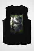 Koala Baskılı Unisex Siyah Kolsuz Tişört - Tshirt