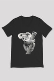 Koala Baskılı Unisex Siyah V Yaka Tişört - Tshirt