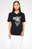 Koala Baskılı Unisex Siyah V Yaka Tişört - Tshirt