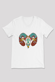 Koç Burcu Baskılı Beyaz Unisex V Yaka Tişört - Tshirt