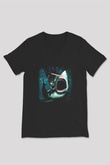 Köpekbalığı Siyah Unisex V Yaka Tişört T-Shirt