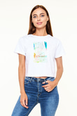 Koşu Baskılı Crop Top Beyaz Tişört - T-shirt