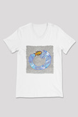 Kova Burcu Baskılı Beyaz Unisex V Yaka Tişört - Tshirt