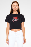 Kriket - Cricket Baskılı Crop Top Siyah Kadın Tişört - Tshirt