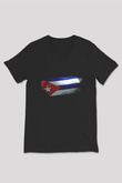 Küba - Cuba Bayrağı Baskılı Unisex Siyah V Yaka Tişört