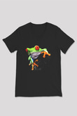 Kurbağa Siyah Unisex V Yaka Tişört T-Shirt