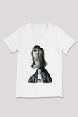 Lan Brown Baskılı Beyaz Unisex V Yaka Tişört - Tshirt