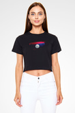 Laos Bayrağı Baskılı Kadın Crop Top Siyah Tişört