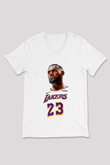 Lebron James Baskılı Beyaz Unisex V Yaka Tişört - Tshirt