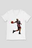 Lebron James Baskılı Beyaz Unisex V Yaka Tişört - Tshirt