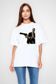 Leon Baskılı Beyaz Unisex Oversize Tişört - Tshirt