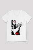 Leon Baskılı Beyaz Unisex V Yaka Tişört - Tshirt