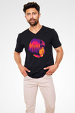 Leon Baskılı Unisex Siyah V Yaka Tişört - Tshirt