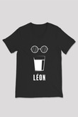 Leon Baskılı Unisex Siyah V Yaka Tişört - Tshirt