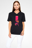 Leon Baskılı Unisex Siyah V Yaka Tişört - Tshirt
