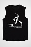 Leonard Cohen Baskılı Unisex Siyah Kolsuz Tişört - Tshirt