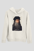 Leonardo Da Vinci Yazılı Portre Baskılı Unisex Ekru Hoodie